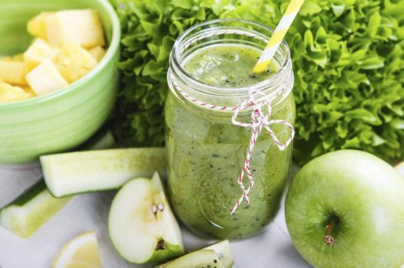 Healthy green shake fruits with rice almond milk